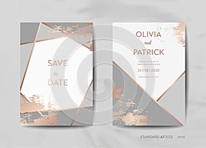 Wedding Invitation Cards Collection. Save the Date, RSVP with trendy texture background gold geometric art deco