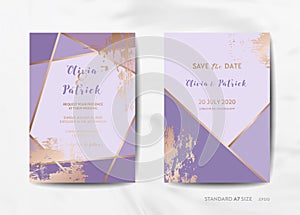 Wedding Invitation Cards Collection. Save the Date, RSVP with trendy violet texture background geometric art deco frame