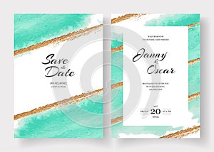 Wedding Invitation cards. Cyan Watercolor and golden stroke