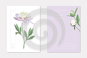 Wedding Invitation Cards with Floral Design Set. White Garden Peony Flowers on Stem with Leaves Decoration