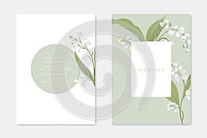 Wedding Invitation Cards with Floral Design Set. White Lily of the Valley Flowers on Stem with Leaves Decoration