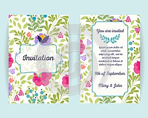 Wedding invitation cards with flowers, berries and leaves. Use for Boarding Pass, invitations, thank you card. Vector