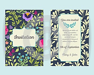 Wedding invitation cards with flowers, berries and leaves. Use for Boarding Pass, invitations, thank you card. Vector