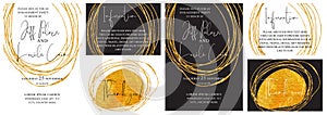 Wedding invitation cards with golden hand drawn texture background and gold line design vector.