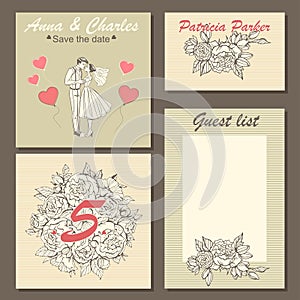 Wedding invitation cards with a hand-drawn floral pattern and a cute illustration of a couple in cartoon style.