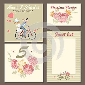 Wedding invitation cards and labels with a floral pattern and illustration of a couple on a bicycle.