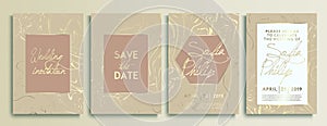 Wedding invitation cards with marble texture background and gold geometric line design vector. Wedding invitation frame set