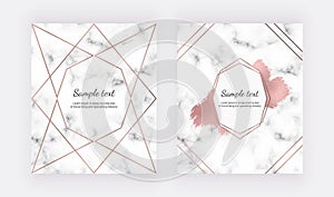 Wedding invitation cards with rose gold geometric design, polygonal lines and foil brush paint stroke on the marble texture. Backg