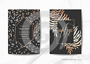 Wedding Invitation Cards, Save the Date with trendy Animal Skin golden texture background illustration