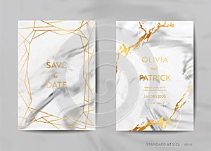 Wedding Invitation Cards, Save the Date with trendy marble texture background and gold geometric frame design
