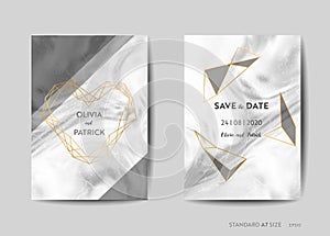 Wedding Invitation Cards, Save the Date with trendy marble texture background and gold geometric frame design