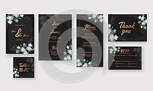 Wedding Invitation Cards Set Decorated with Daisy Flowers in Black and Bronze Color