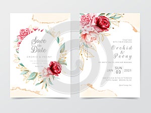 Wedding invitation cards template with flowers frame and watercolor background. Textured golden glitter decoration