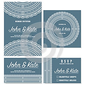 Wedding invitation cards template with lace decoration. Vector.