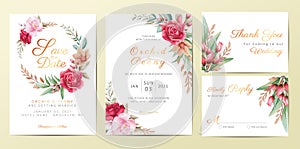 Wedding invitation cards template set with elegant flowers. Watercolor flowers decoration Save the Date, Invitation, Greeting,