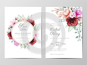 Wedding invitation cards template set with watercolor flowers arrangement. Floral decoration Save the Date, Invitation, Greeting,