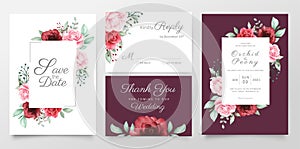 Wedding invitation cards template set watercolor flowers decoration. Editable Save the date, invite or greeting,