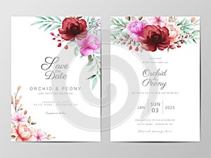 Wedding invitation cards template set with watercolor flowers. Floral decoration Save the Date, Invitation, Greeting, Thank You,
