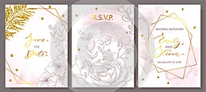 Wedding invitation cards with watercolor texture,hand-drawn flowers and plants,geometric shapes and Golden sequins