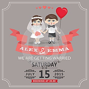 Wedding invitation with cartoon European baby bride and groom