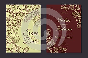 Wedding invitation cover set with beauty floral tulip flower abstract doodle hand drawn style ornament decoration background