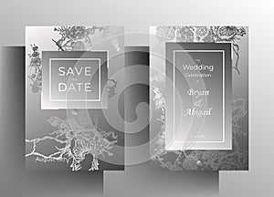 Wedding invitation design card set. Hand drawn vegetable graphic elements. Original vector illustration gray on gray.