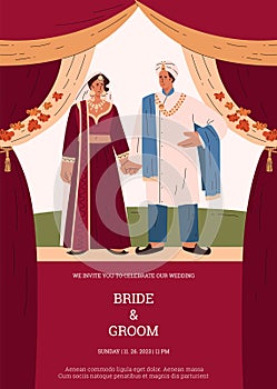 Wedding invitation design featuring a cartoon bride and groom in traditional Indian attire
