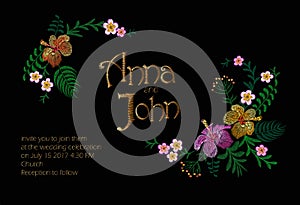 Wedding Invitation Design with Jungle Hawaii flowers. Save the Date Card with Tropical Exotic Palm Leaves. Hibiscus