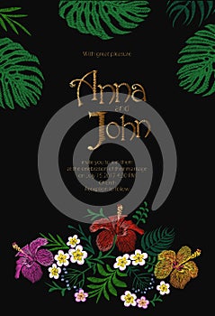 Wedding Invitation Design with Jungle Hawaii flowers. Save the Date Card with Tropical Exotic Palm Monstera Leaves