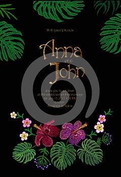 Wedding Invitation Design with Jungle Hawaii flowers. Save the Date Card with Tropical Exotic Palm Monstera Leaves