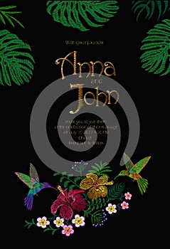 Wedding Invitation Design with Jungle Hawaii flowers. Save the Date Card with Tropical Exotic Palm Monstera Leaves