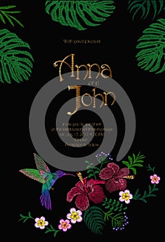 Wedding Invitation Design with Jungle Hawaii flowers. Save the Date Card with Tropical Exotic Palm Monstera Leaves