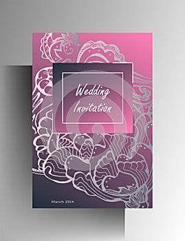 Wedding invitation design template card set. Hand drawn floral silver graphic element on a pink background. Vector 10 EPS.