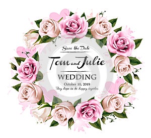 Wedding invitation desing with coloful roses and hearts