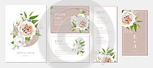 Wedding invitation, digital invite, rsvp, thank you, menu card design. Neutral flowers bouquet. Beige ivory rose, white eustoma,