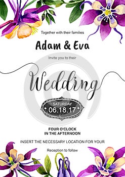 Wedding invitation DiY template orhid handmade watercolor illustration.