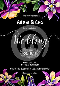 Wedding invitation DiY template orhid handmade watercolor illustration.