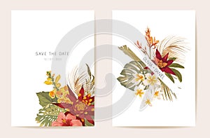 Wedding invitation dried tropical palm leaves, exotic dry flowers card, tropic watercolor template