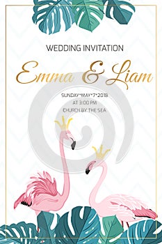 Wedding invitation flamingo birds crown king queen