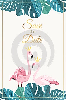 Wedding invitation flamingo couple monstera leaves