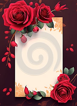 Wedding invitation floral border red roses theme.