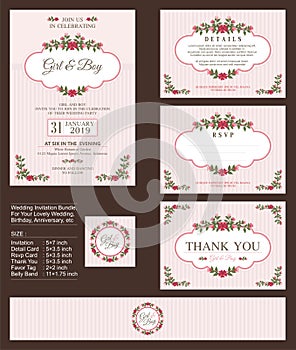 Wedding Invitation, with floral bouquets and wreath design