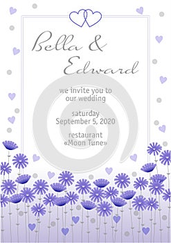 Wedding invitation with floral design. Blue flowers at the wedding invitation. Delicate noble design of a wedding invitation. Blue photo