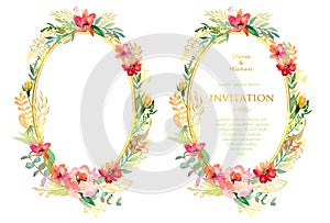 Wedding Invitation, floral invitation card. Design with pink and orange flowers, leaves, eucalyptus, geometric golden border