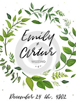 Wedding Invitation, floral invite card Design: green fern leaves