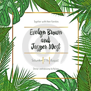 Wedding Invitation, floral invite card Design with green tropical forest palm leaves, forest fern greenery simple, square golden