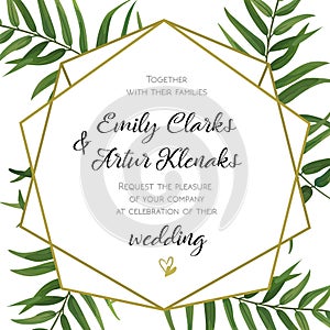 Wedding Invitation, floral invite card Design with green tropical forest palm tree leaves, forest fern greenery simple, geometric