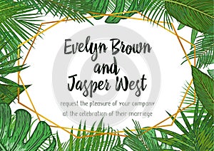 Wedding Invitation, floral invite card Design with green tropical forest palm tree leaves, forest fern greenery simple, geometric