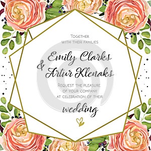 Wedding Invitation, floral invite card Design with pink peach rose Ranunculus elegant blue berry, romantic fern greenery bouquet