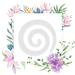 Wedding Invitation, floral invite card, pink flowers and green leafs geometric. Rhombus Rectangle frame. White square background.